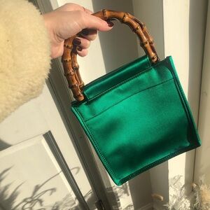 HAI Bamboo Handle Silk Bag in Emerald Green